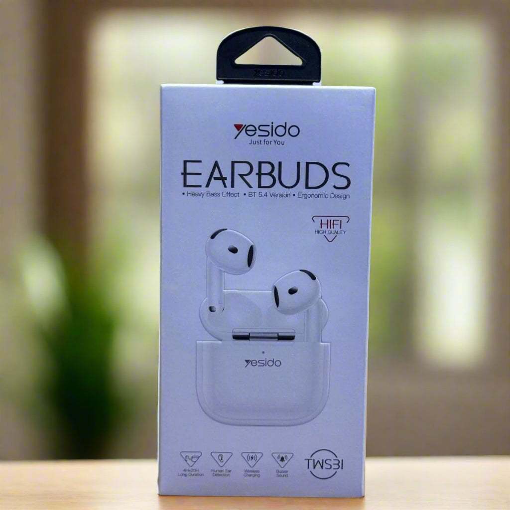 Yesido earbuds packaging box on a wooden surface with a blurred indoor background