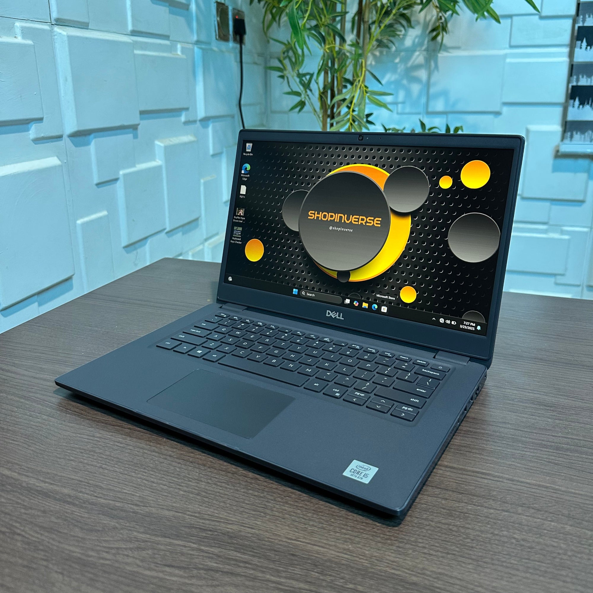 Dell Latitude 3410 laptop with a black color scheme, featuring a screen, keyboard, and a visible HDMI port, placed on a desk in front of a plant.