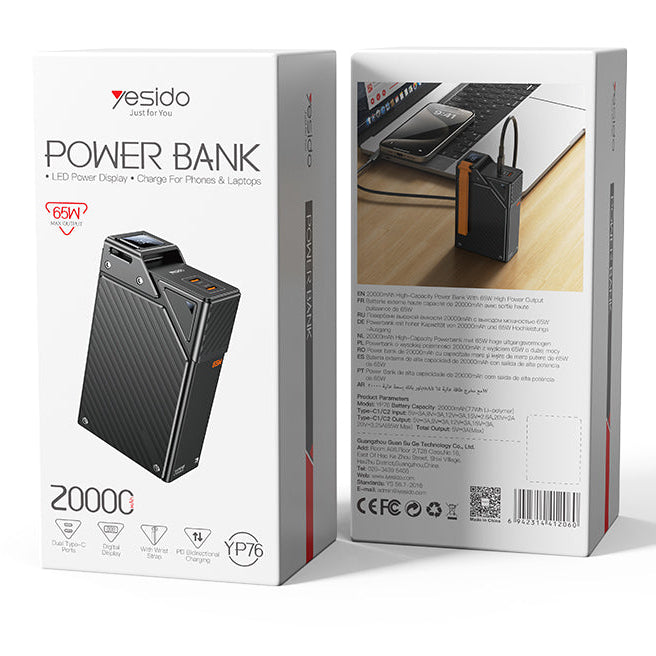 Yesido YP76 20,000mAh 65W Fast Charging Laptop Power Bank