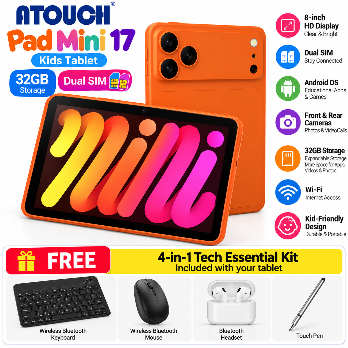 Atouch Pad Mini 17 | 32GB | Dual SIM Kids Tablet + FREE 4-in-1 Tech Kit