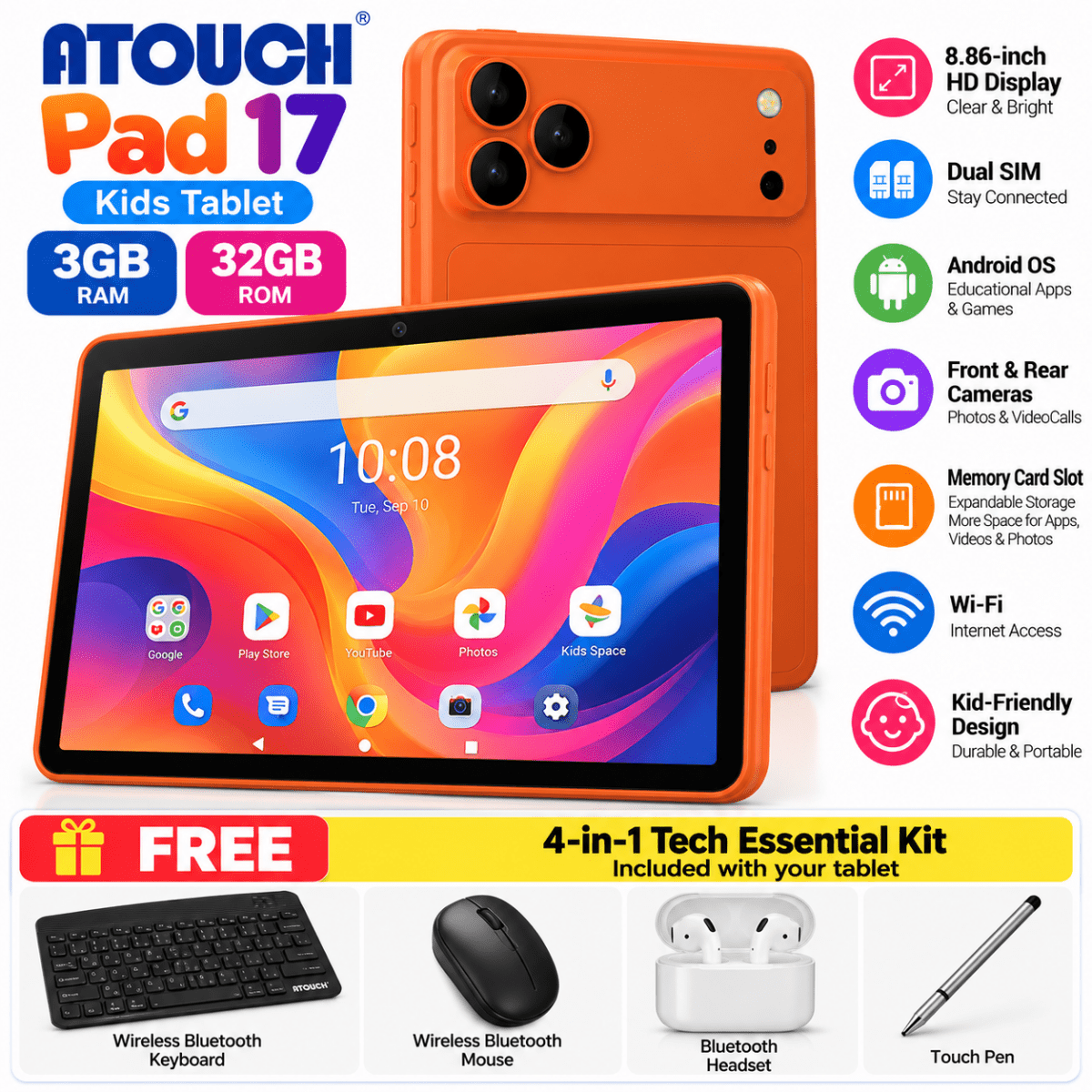 Atouch Pad 17 | 32GB | Dual SIM Kids Tablet + FREE 4-in-1 Tech Kit
