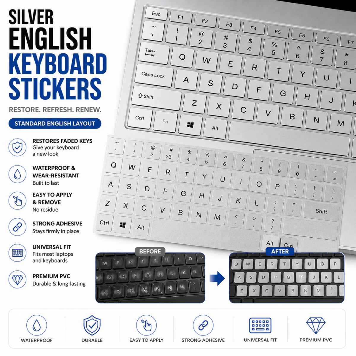 Silver English Keyboard Stickers