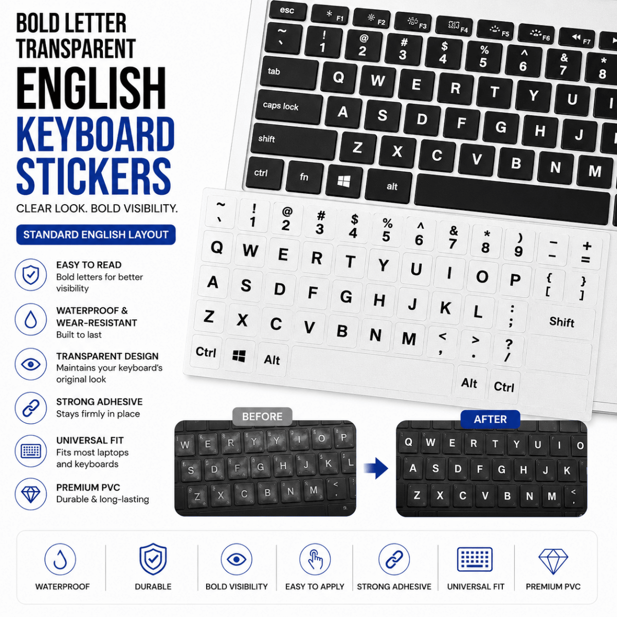 Transparent English Keyboard Stickers | Bold Letters