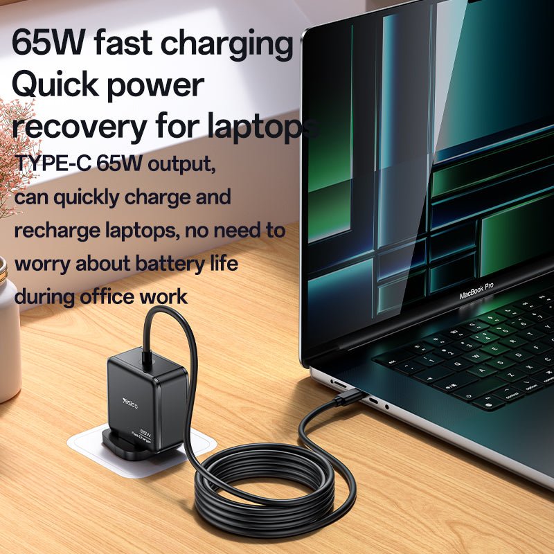Yesido YC93 65W Fast Charging Laptop Adapter - Type - C PD - 2M Cable - UK Plug